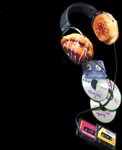 headphones made of cinnamon buns with cd roms and cassette tapes
